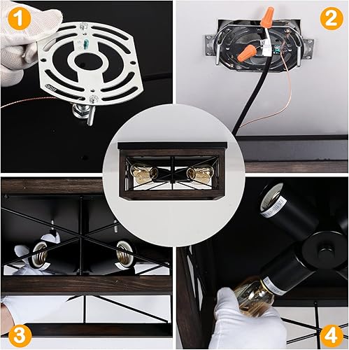 Miniatura 6 de Lámpara de techo de madera de montaje empotrado, 4 luces rústicas de granja, lámpara de techo cuadrada industrial con enchufe E26 para cocina,