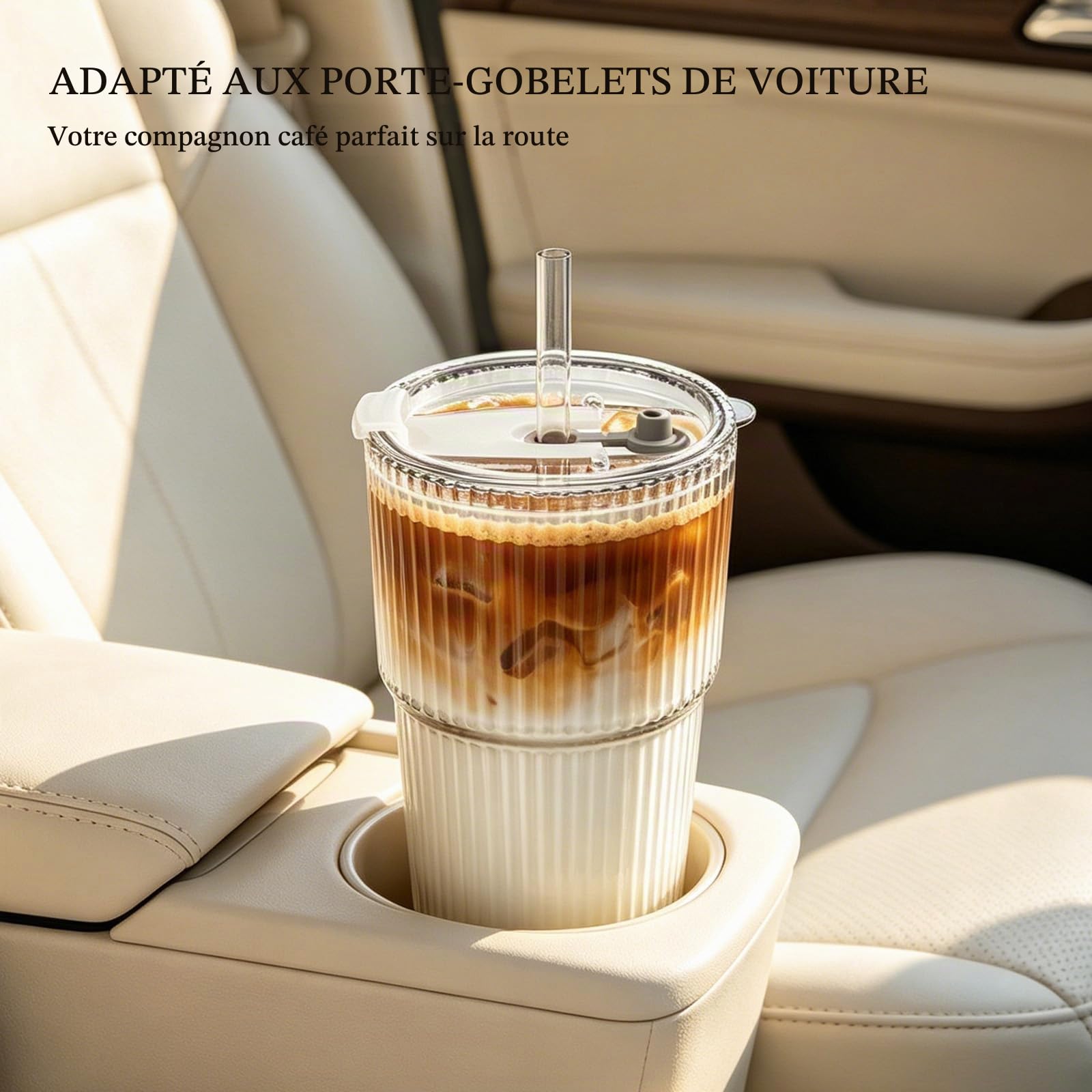INSETLAN Lot de 4 gobelets en verre nervuré de 591 ml avec couvercles et pailles en verre – Paroi épaisse, idéal pour le café glacé, les smoothies, les cocktails et les jus – Vaisselle élégante et