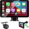 Wireless Apple Carplay Screen for Car, 7 HD Touch Screen Portable Car Stereo for Carplay & Android Auto ,with Backup Camera,Mirror Link, GPS Navigation, Siri, AirPlay, AUX, FM, Voice Control