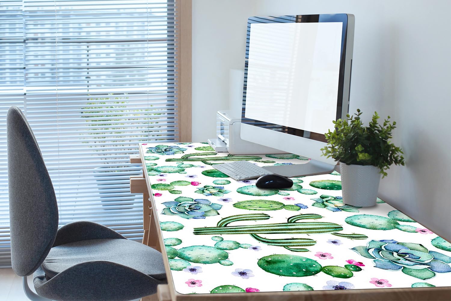 Sottomano da Scrivania 120x60 cm per Ufficio e Casa Impermeabile Protezione e Decorazione Superficie Protettiva Antiscivolo Facile da Pulire in Vinile PVC - Cactus