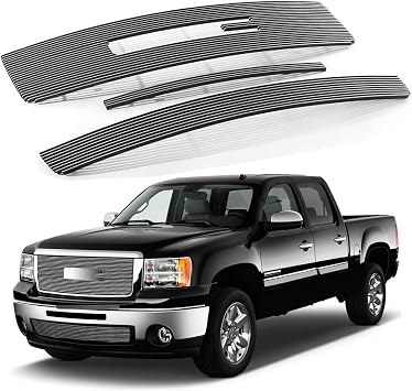Front Billet Grill Fits 07-13 GMC Sierra 1500 New Body/2007-2010 Denali Upper Bumper Chrome Billet Aluminum Grille Insert Polished Style