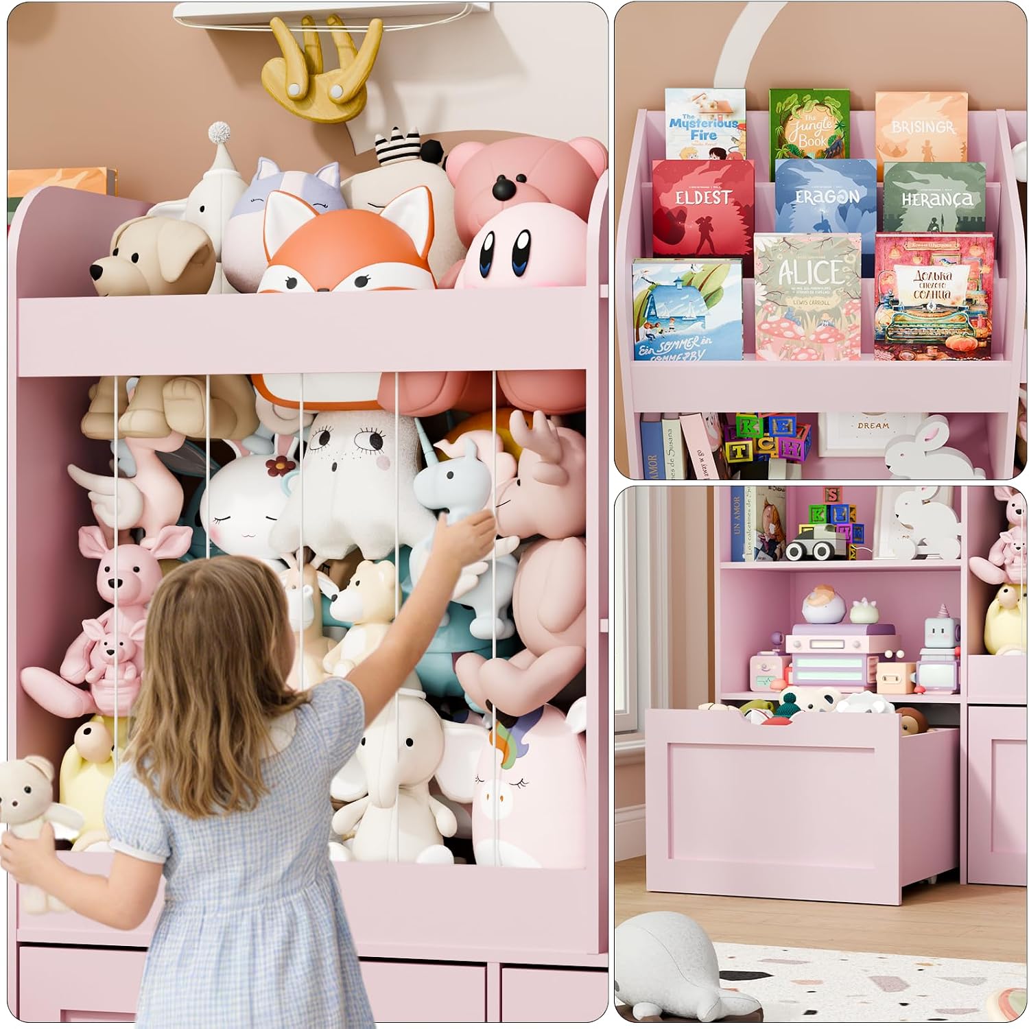 61" Kids Bookshelf and Toy Storage, Large Stuffed Animal Storage, 3 Tier Montessori Bookcase with Movable Boxes Drawer, Toy Organizer with 4 Compartments for Playroom, Living Room, Pink