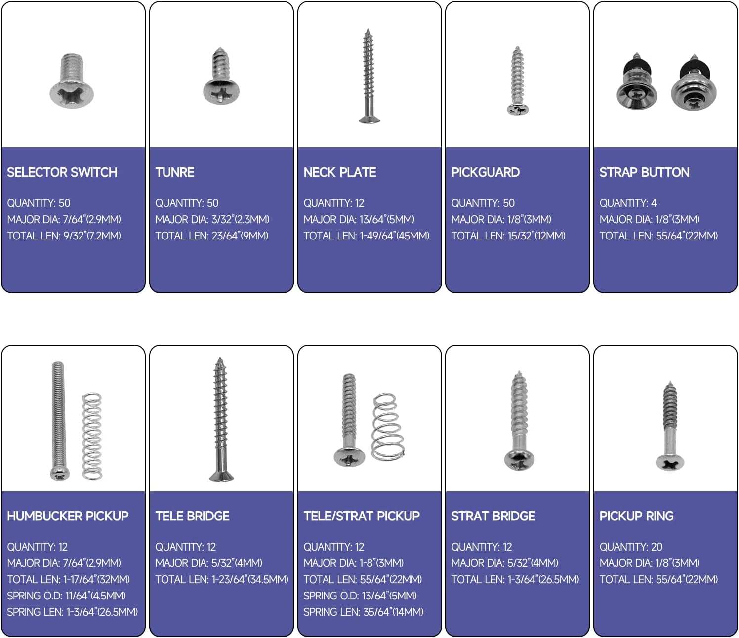 CashBeat 254 Pcs Guitar Screw Kit, 9 Types Stainless Steel Hardware Set