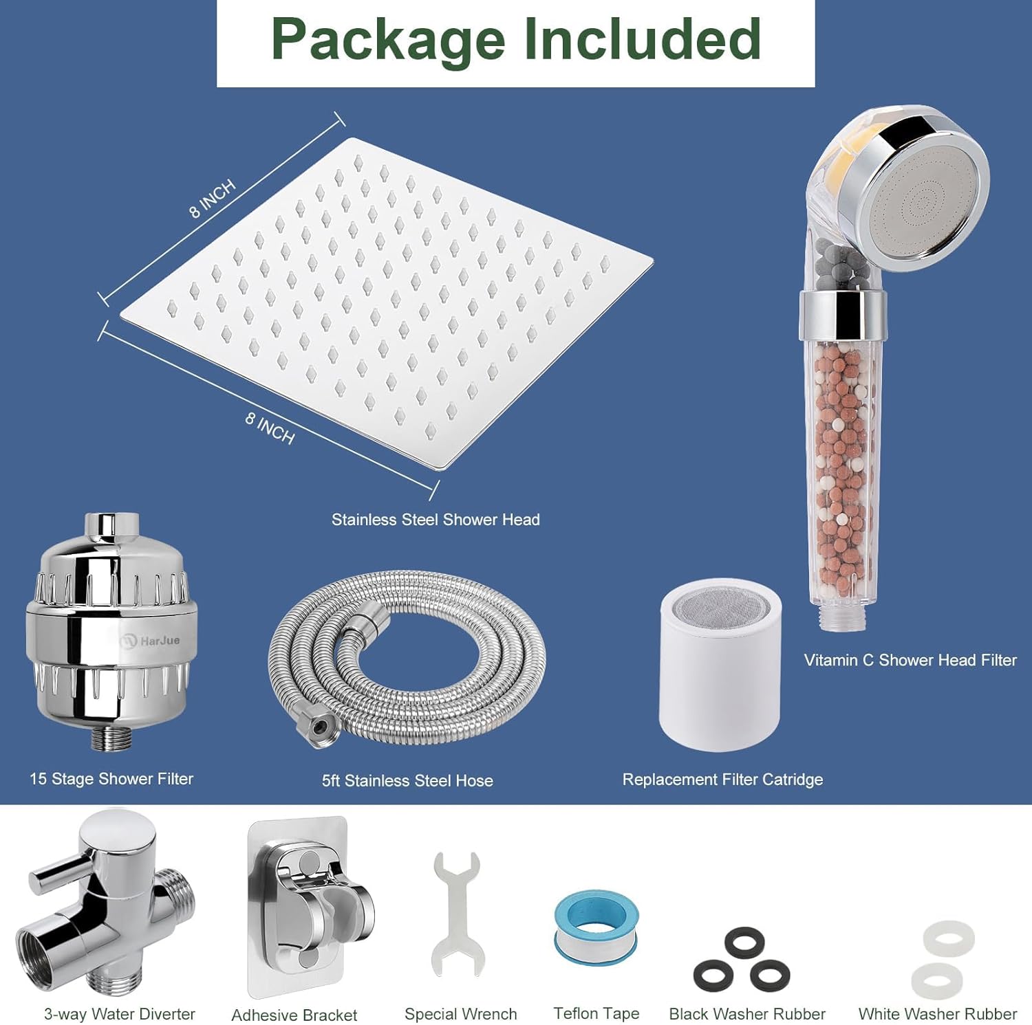 HarJue Filter Shower Head, High Pressure 8 Inch Rainfull with Filter Combo for Hard Water, Remove Chlorine Fluoride and Harmful Substances- 1 Replaceable Filter Cartridge (Square, Chrome)