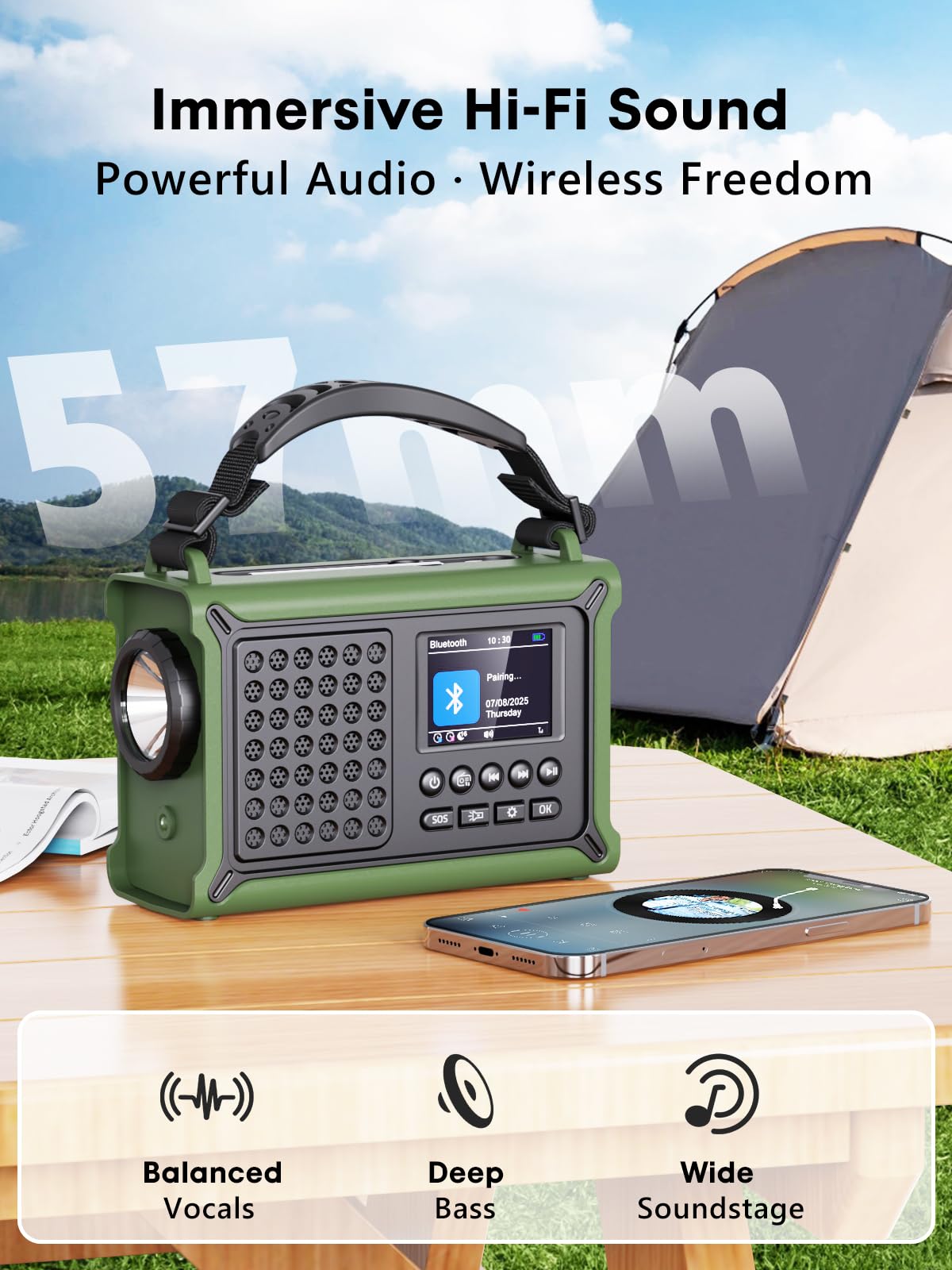 ROCAM Tragbares DAB+ Radio mit Bluetooth, 12000mAh Kurbelradio mit 8500mm² Solarpanel & 650mA Kurbel, DAB/UKW Digital Radio mit 2,4" Farbdisplay, 80 Sender, LED-Taschenlampe, SOS, IPX6 für Notfälle