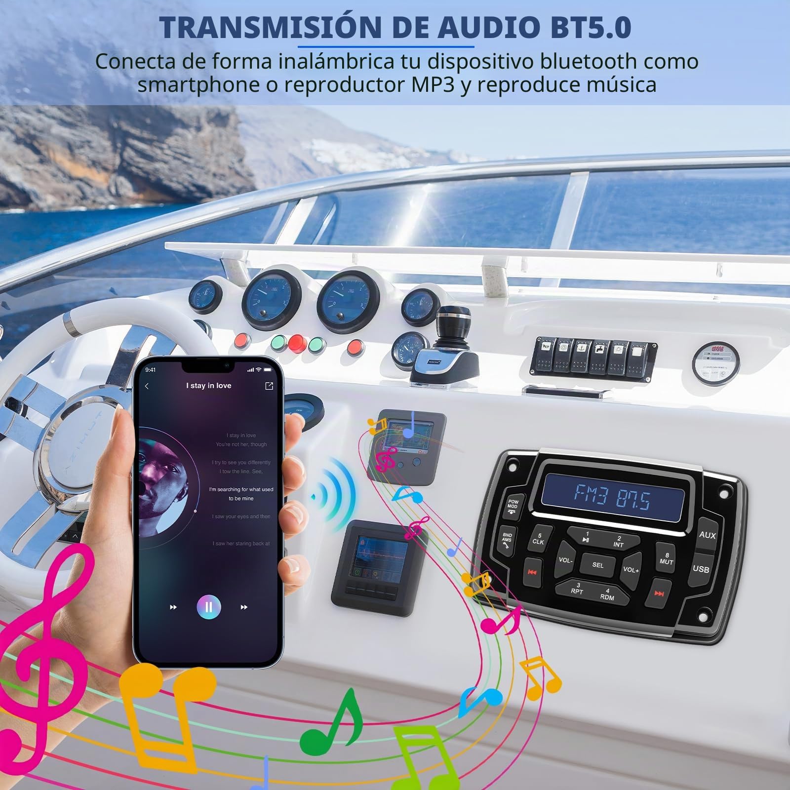 Geloo Am/FM Radio Marina Stereo, Radio Barco Marina Impermeable, Reproductor MP3 Estéreo Receptor Llamadas Manos Libres para Barcos, Yates, Marinos, Cámper