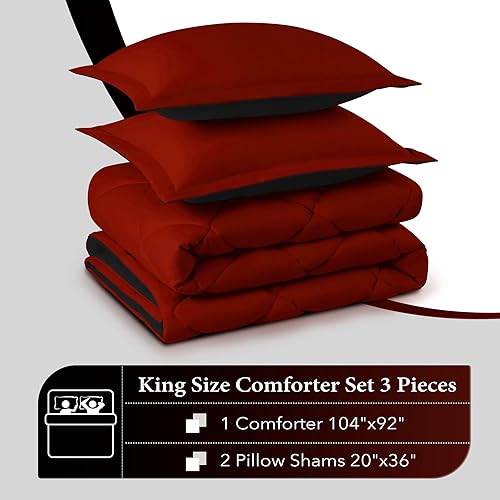 Miniatura 6 de Downluxe Juego de edredón King rojo y negro, ropa de cama suave para todas las estaciones, 3 piezas, 1 edredón de 104 x 92 pulgadas y 2 fundas de