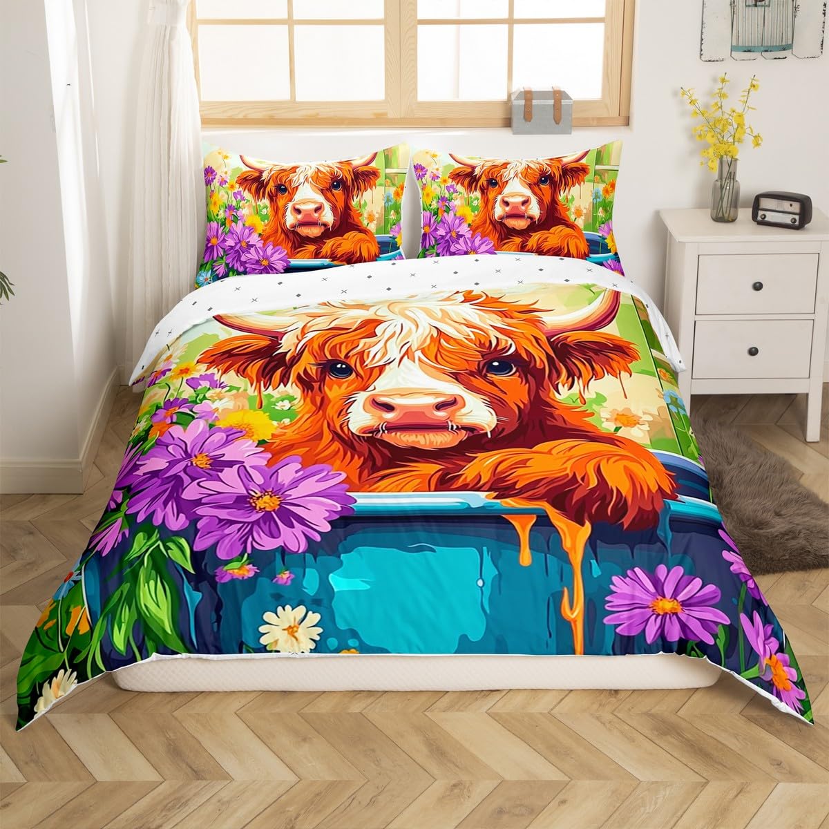Homemissing Highland Cattle Bedding Set Cot Size Highland Cow Bedding Duvet Cover Set For Boys Teens Decor Farmhouse Animals Cow Comforter Cover Set Wildlife Bedspread Bedroom Quilt Cover 3Pcs