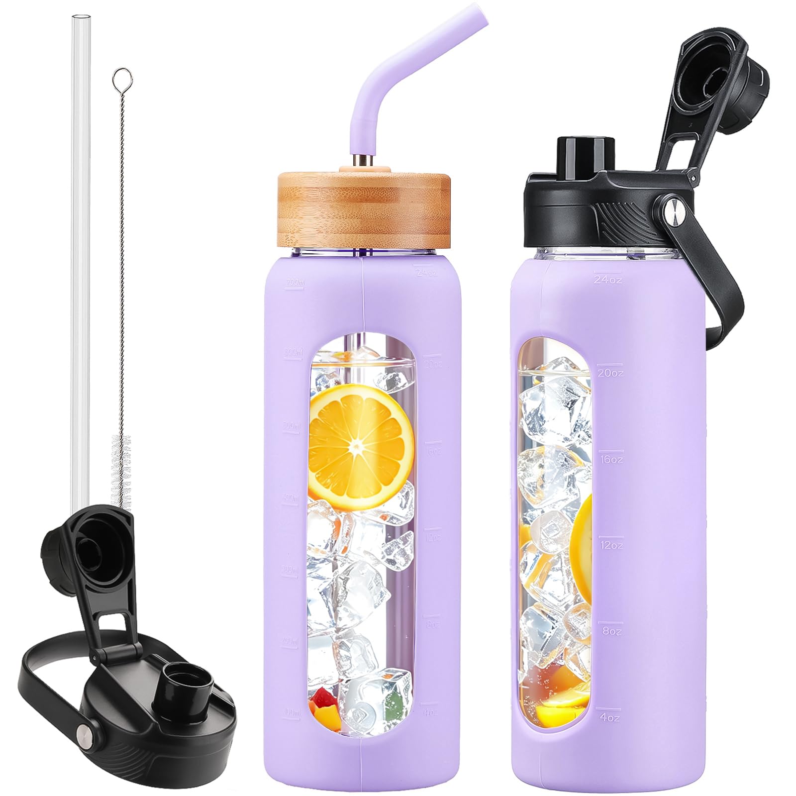 24oz Glass Water Bottle with Straw and 2 Lids, Purple