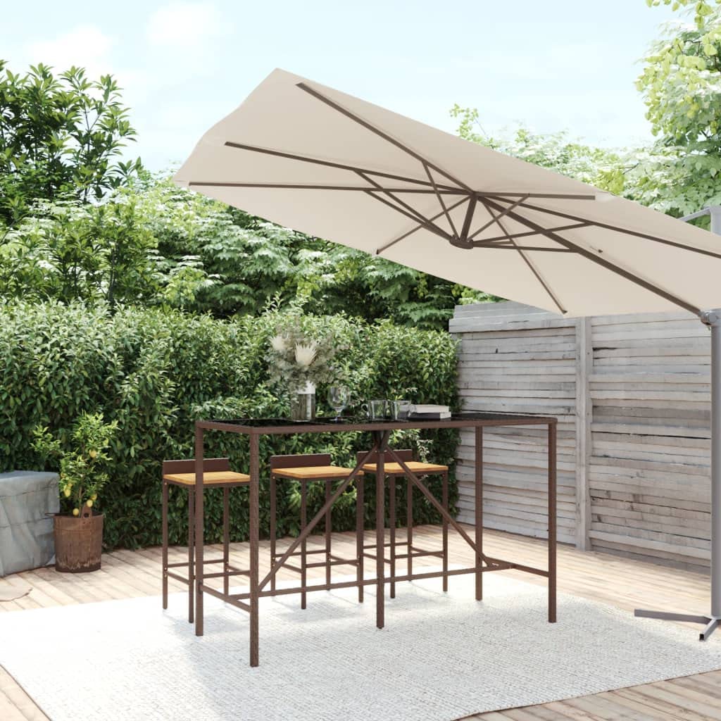 Mesa de bar con tablero de cristal marrón, 180 x 70 x 110 cm, ratán sintético, resistente a la intemperie, mesa alta con marco de acero pulverizado y placa de cristal templado para terraza
