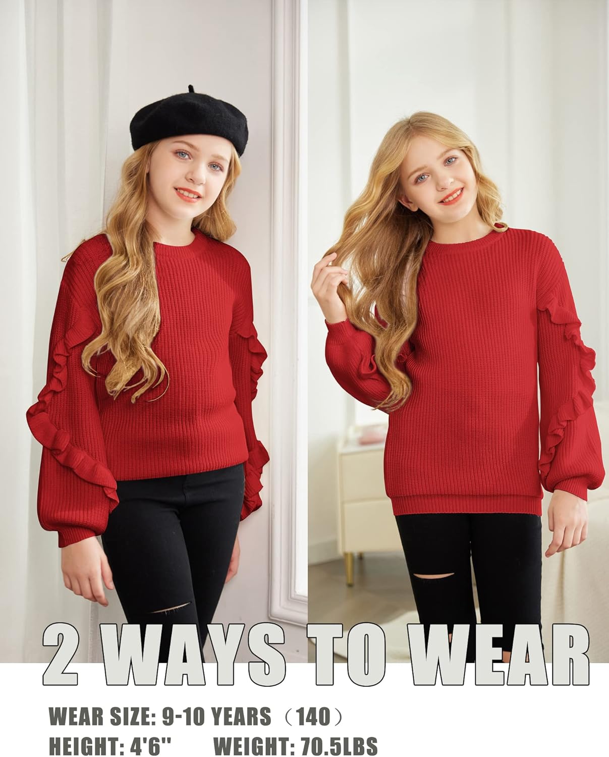 Arshiner Girls Long Lantern Sleeve Sweaters Crew Neck Knit Pullover Jumper Top - Image 8