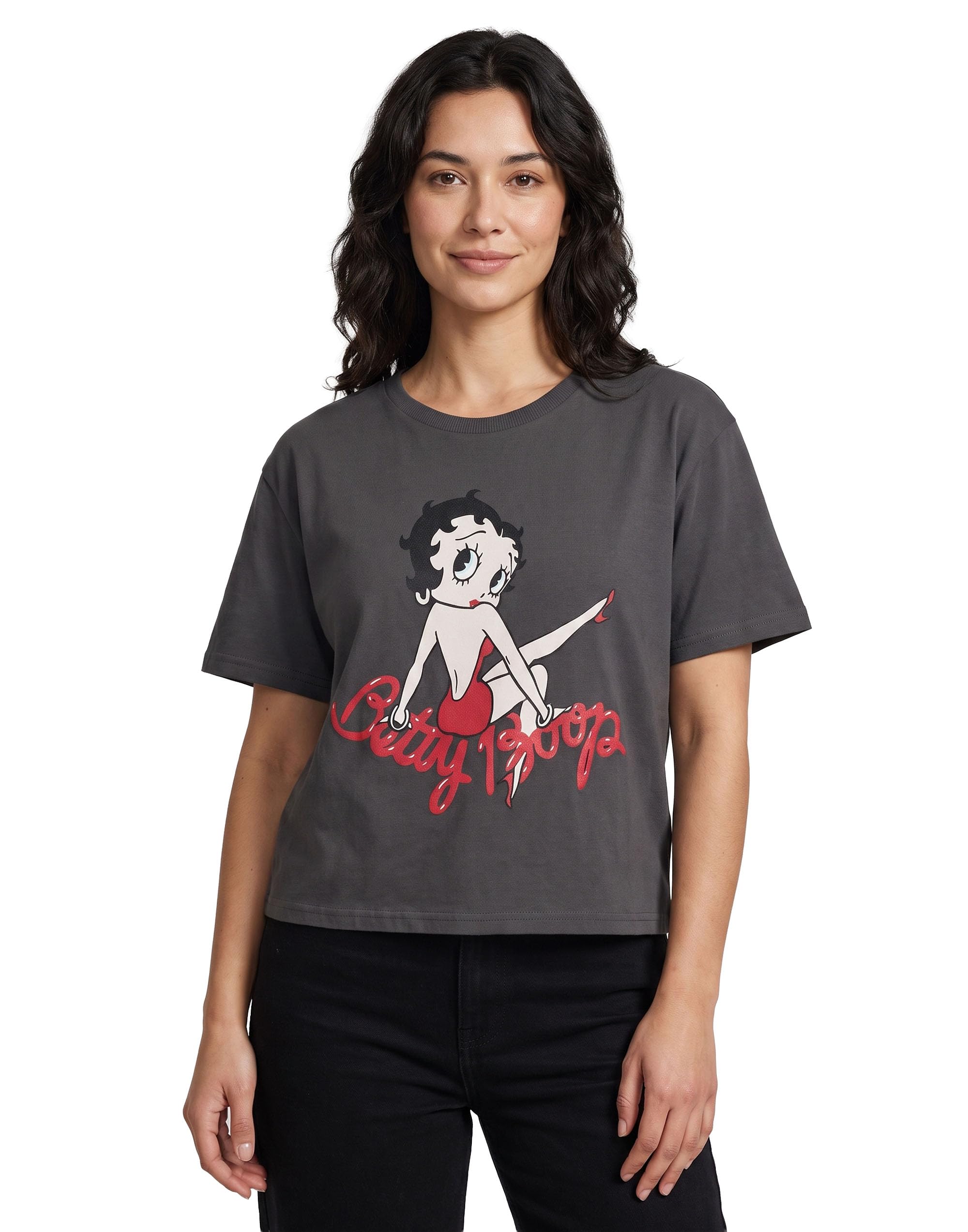 Vanilla Underground Women's Grey Betty Boop Leg Cropped Short Sleeved T-Shirt - Small