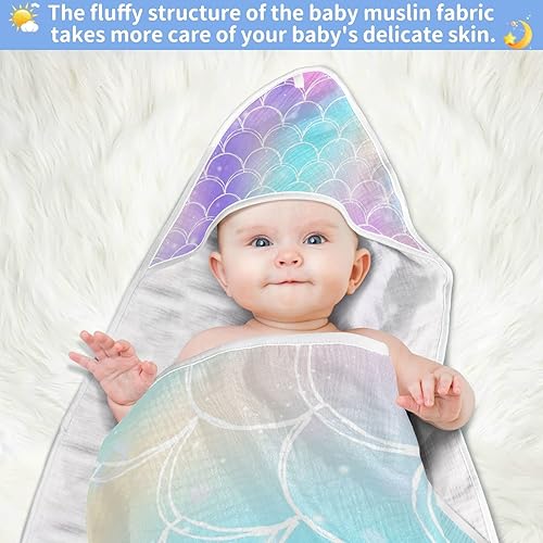 Miniatura 5 de Toalla de baño de princesa sirena rosa para bebés, niños y niñas, toallas con capucha de escamas de sirena moradas, toallas de algodón orgánico,