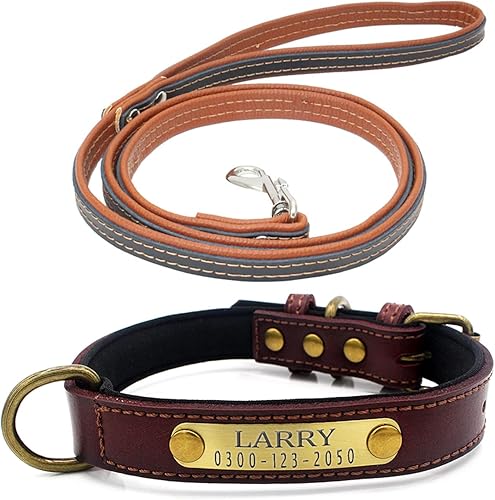 Yonsbox Juego de collar y correa de cuero personalizado para perro con placa de nombre acolchada suave grabada, collares de perro marrón ajustables