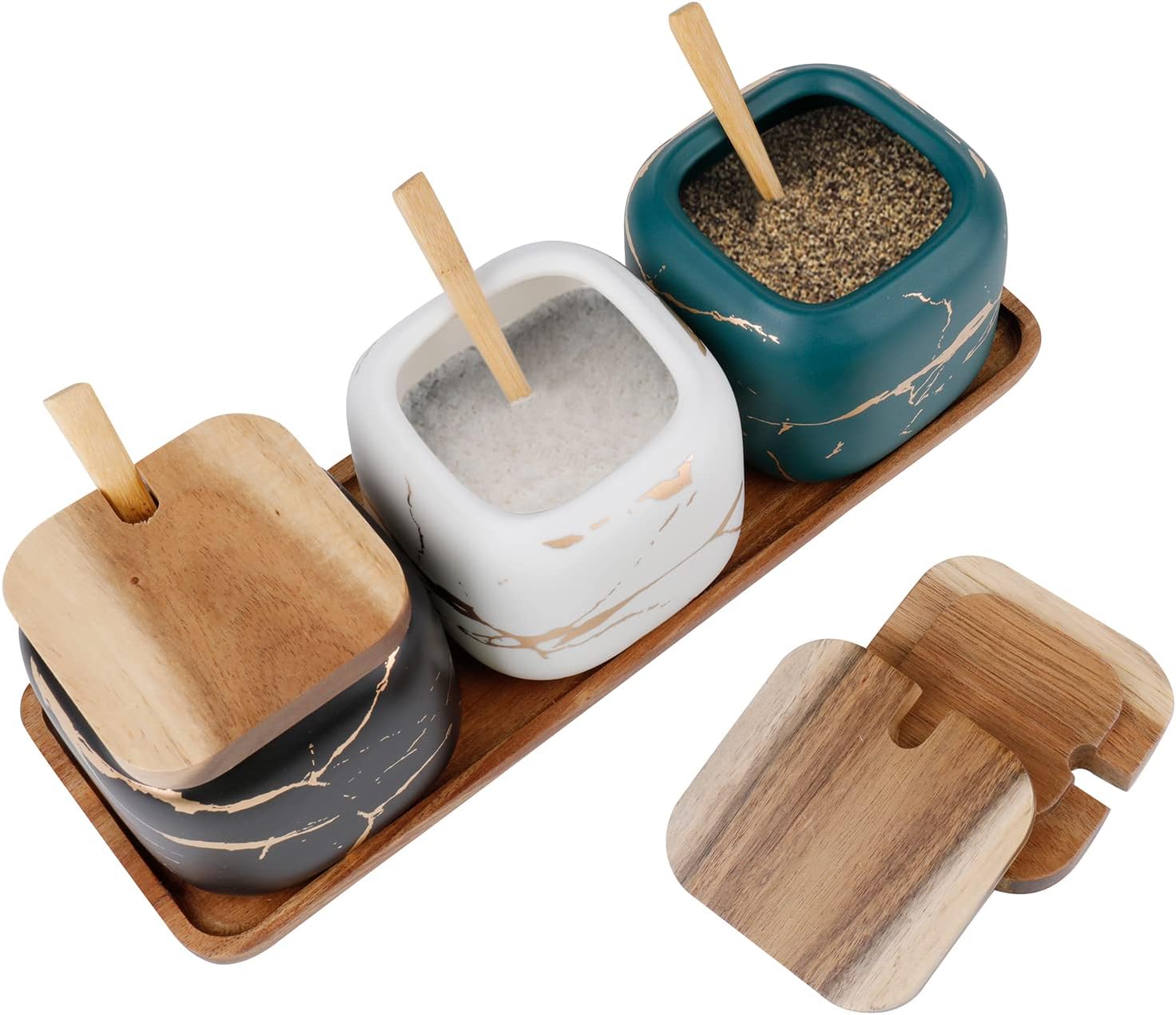 Dicunoy 3 Pack Ceramic Salt and Sugar Container, Condiment Jars with Lids and Spoons, Marble Seasoning Spice Pots Bowl, Pepper Sellar with Wooden Tray for Serving, Counter, Home, Kitchen
