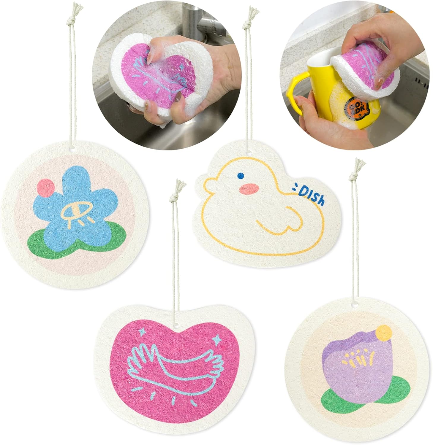 4Pcs Cute Cartoon Compressed Wood Pulp Sponge Wipes, JC-Houser Reusable Cleaning Sponges, Dual-Sided Non-Scratch Sponges Dishwashing Sponge Block for Kitchen and Bathroom : Health & Household
