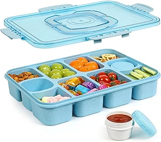 Caperci Snackle Box Container - Large 10 Compartments Divided Serving Tray with Lid and Handle, Built-in 2 Dip Containers, Dishwasher Safe, Leak-Proof, Wheat Straw, BPA-Free (Blue)