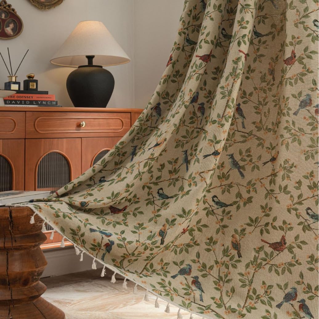 USTIDE Farmhouse Cotton Linen Curtains Light Filtering Curtains Pastoral Tassels Floral and Birds Print for Bedroom Living Room Office 150x160cm