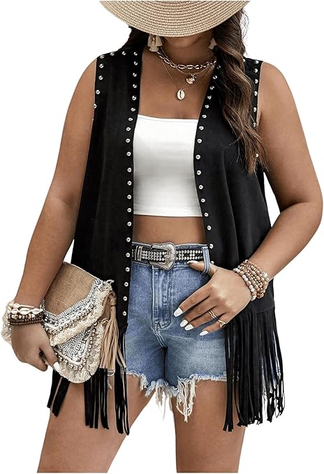 Verdusa Women's Plus Size Fringe Vest Faux Suede Rivets Sleeveless Tassel Jacket Western Cowgirl Outfits