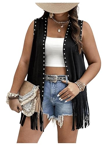 Verdusa Women's Plus Size Fringe Vest Faux Suede Rivets Sleeveless