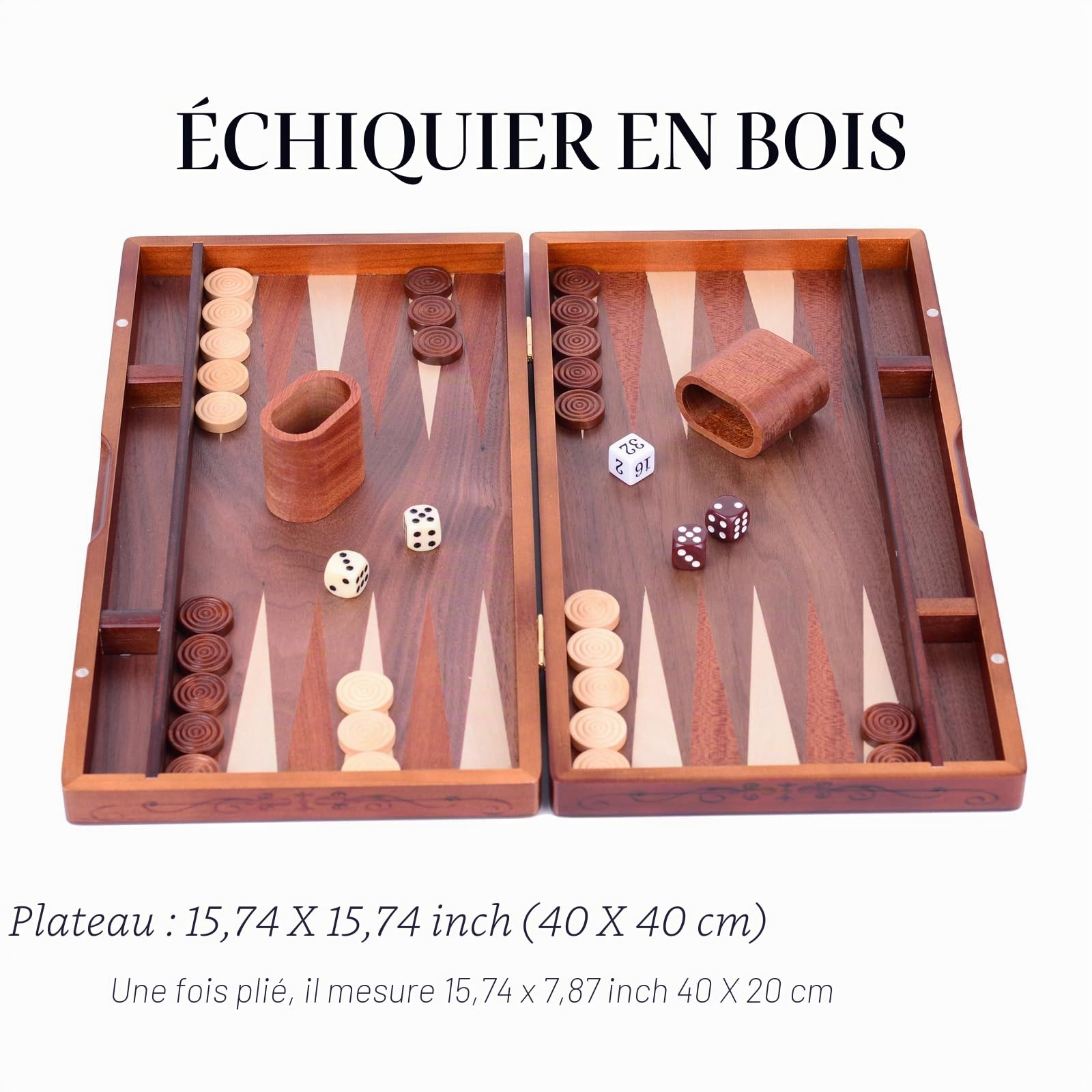 Syrace Ensemble de backgammon en bois avec incrustations classiques - Étui de jeu de société de stratégie - 39,7 cm - Backgammon avec pièces de contrôle pour adultes et enfants