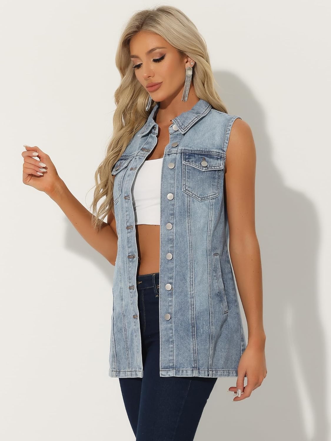 Allegra K Women's Denim Vest Sleeveless Button Down Waistcoat Casual Long Jean Vests - Image 2