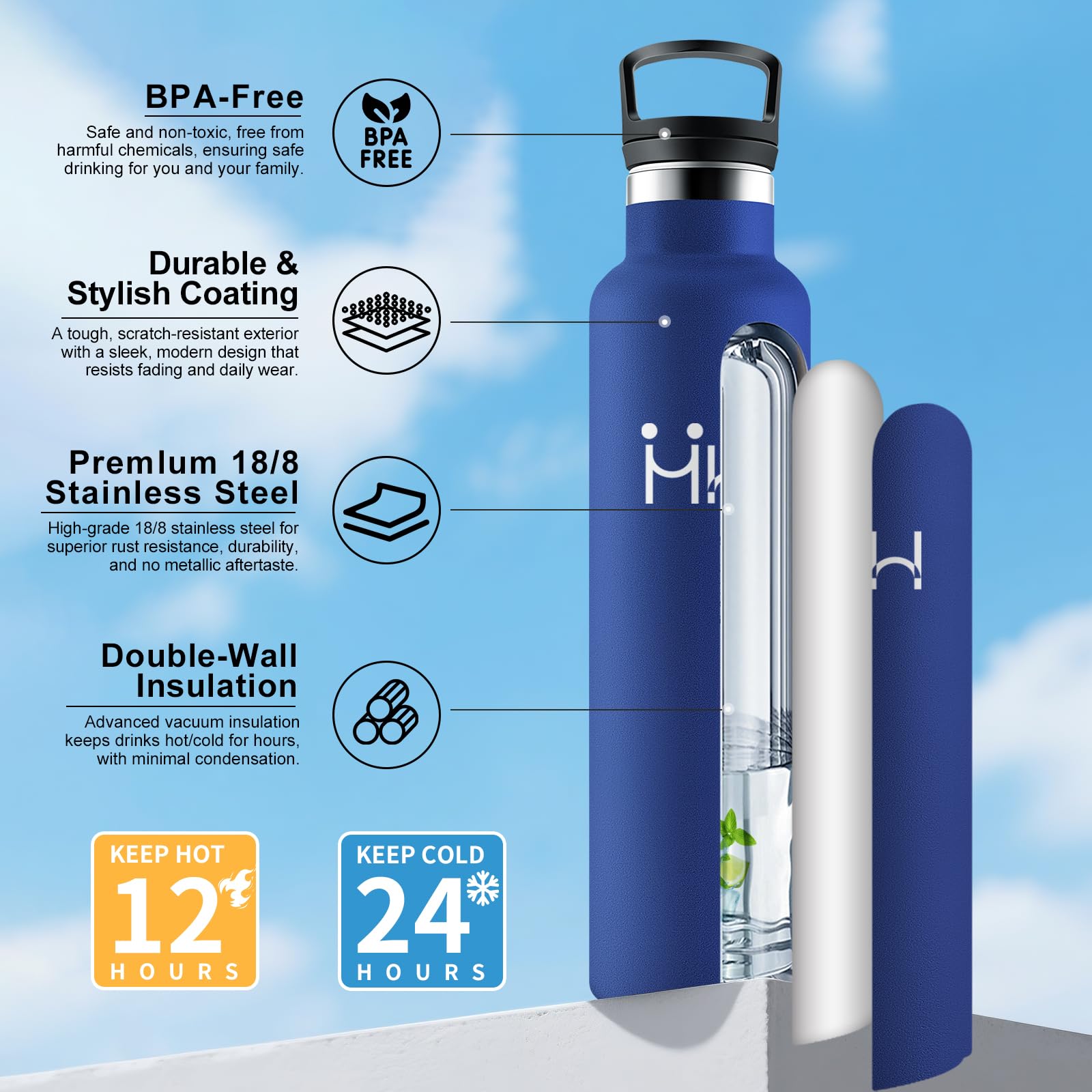 Thermosflasche 1L, Edelstahl Trinkflasche mit Strohhalm, Vakuum Thermosflasche, Einhandöffnung, Kohlensäure Geeignet… – Ansicht 2