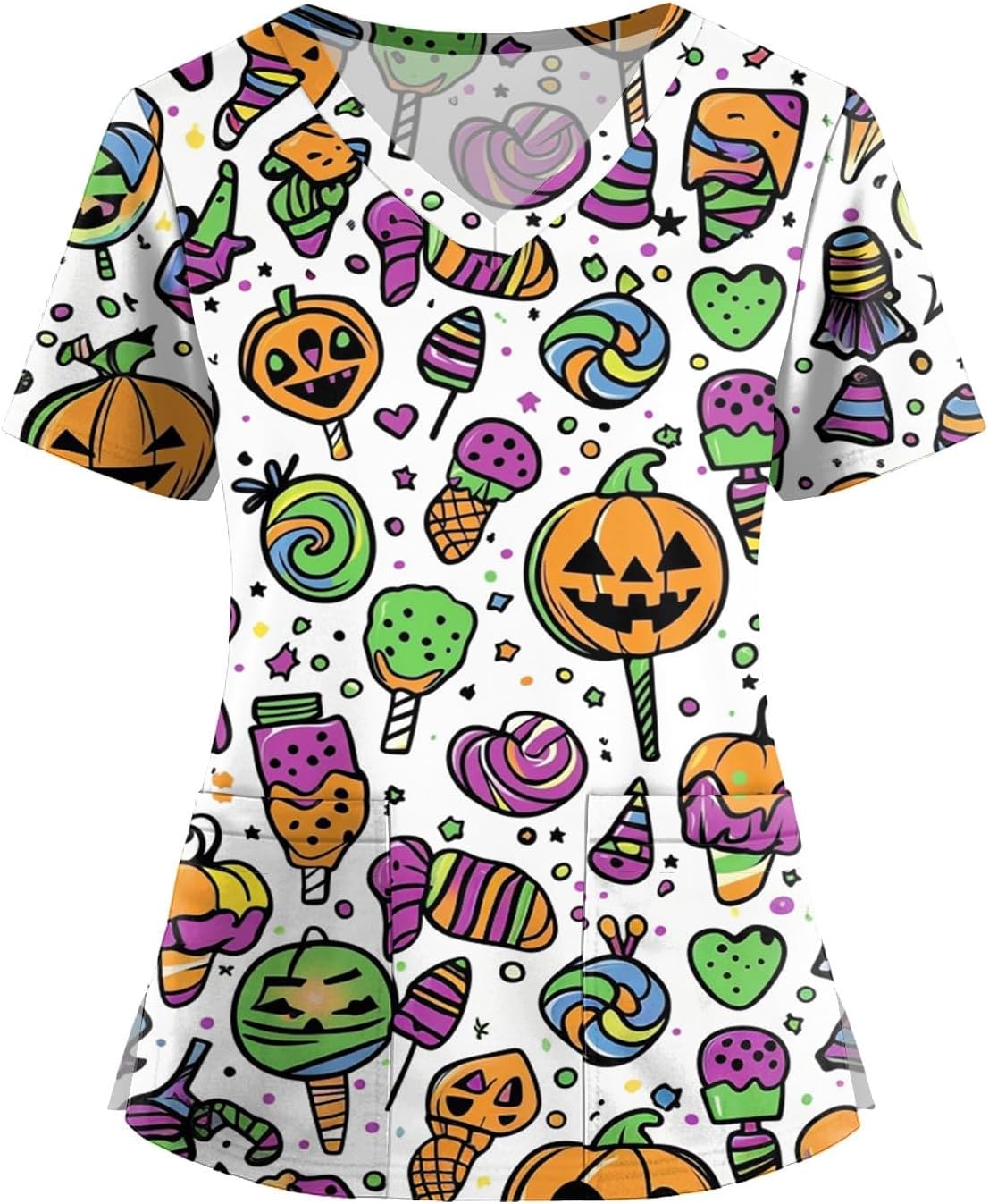Women's Short Sleeve V Neck Halloween Shirts, Fall Funny Graphic Tops with Pockets, S-5XL