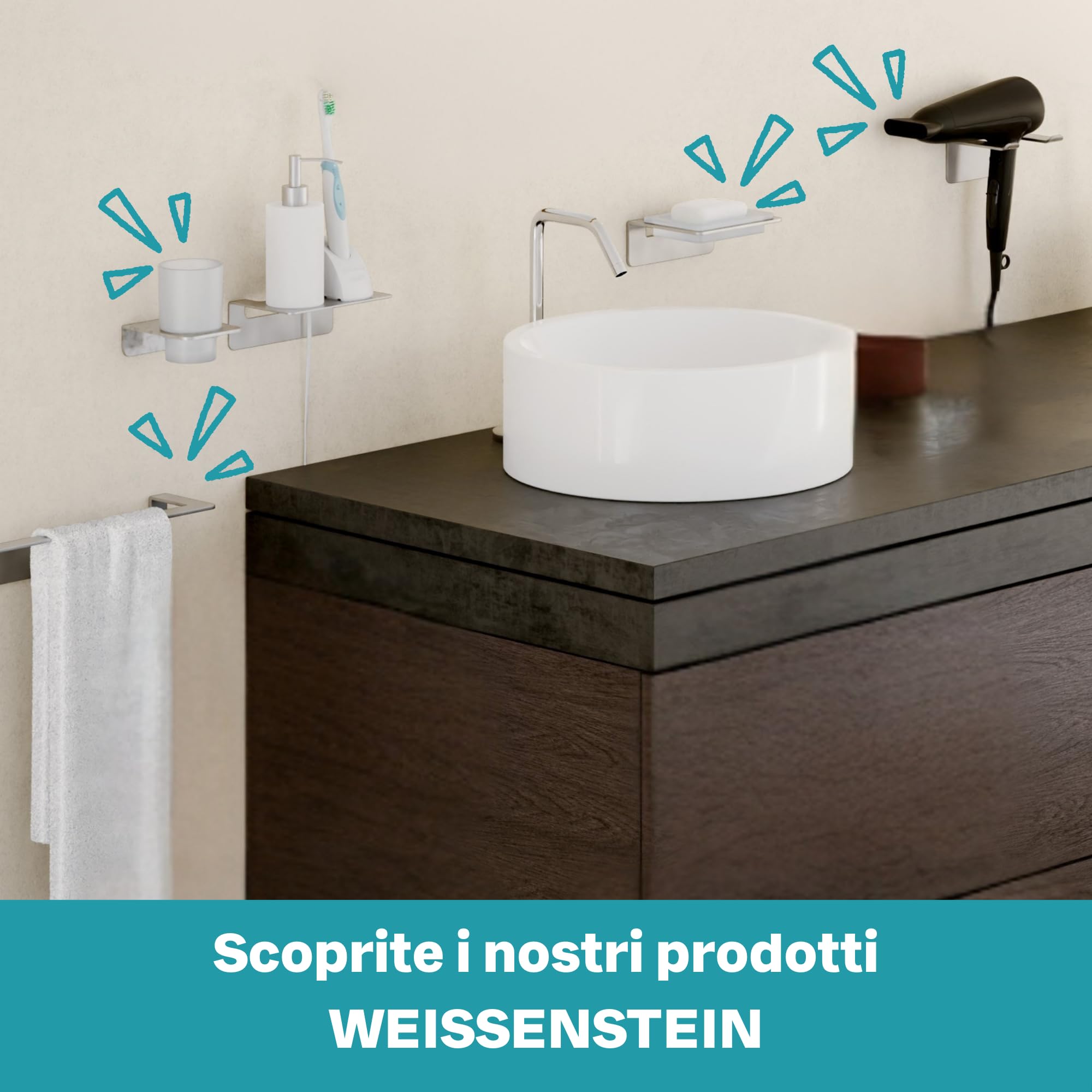 WEISSENSTEIN Mensola bagno adesiva da muro 24 cm Rettangolare Acciaio inox