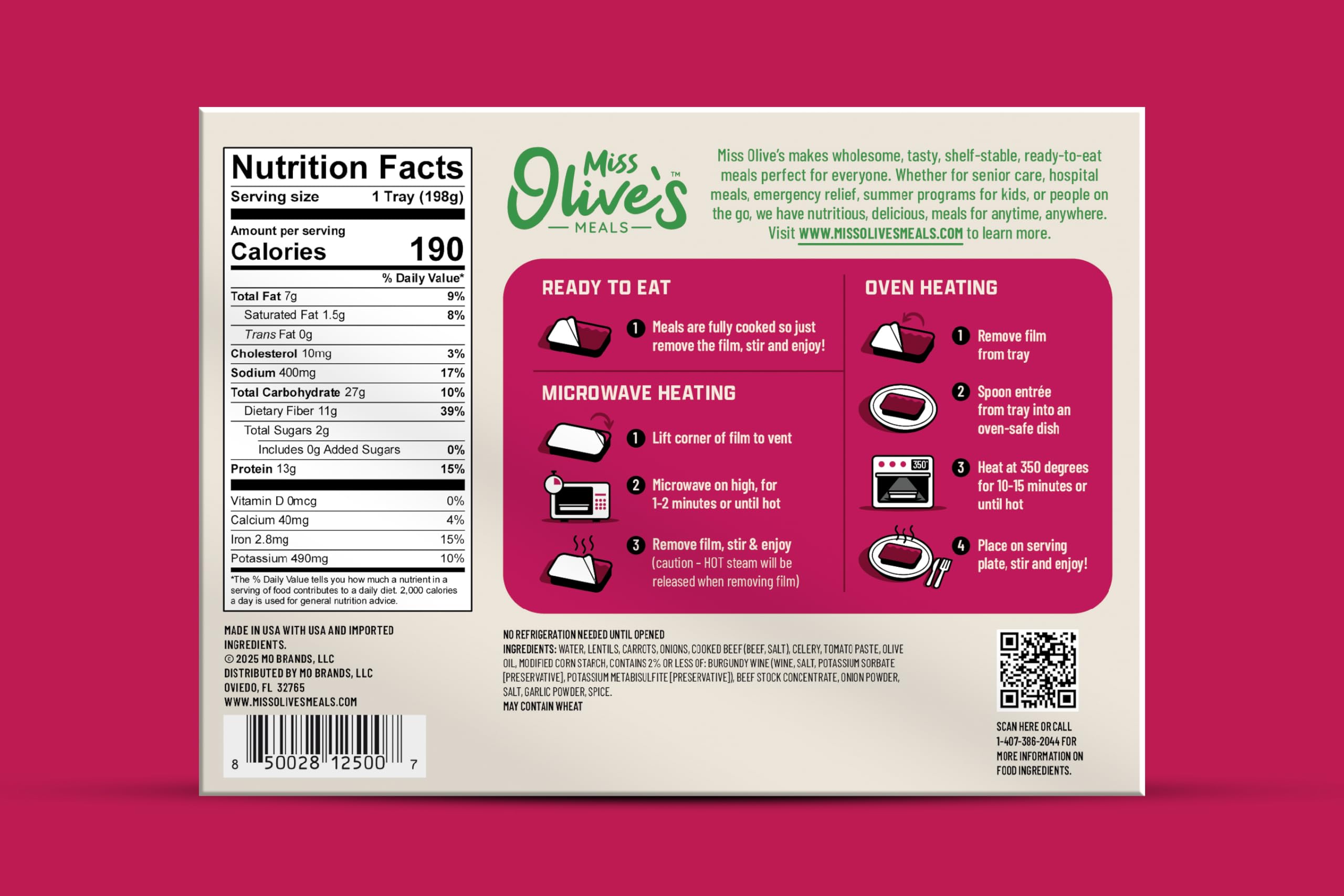 Miss Olive’s Lentil & Beef with Vegetables Ready Meal, Lower Sodium, Shelf Stable Heat & Eat Entrée in Hearty Sauce, 7 oz (Pack of 3)
