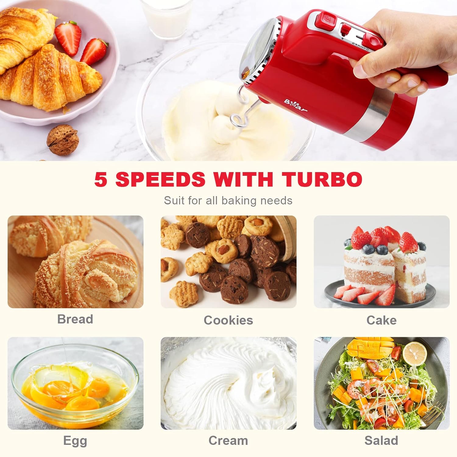Bear Hand Mixer Electric, 5 Speed with Turbo Powerful Electric Hand Mixer with Storage Base, 4 Stainless Steel Accessories, Easy Eject