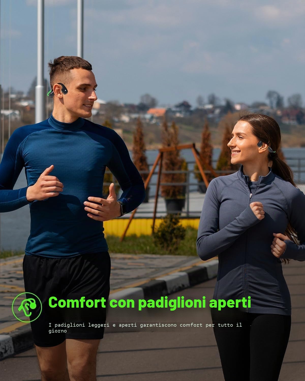 MONODEAL Cuffie conduzione ossea, Open Ear Auricolari Bluetooth 5.3 verdi con luce intelligente, 20 ore di autonomia, IPX7 resistenti al sudore, ideali per corsa e ciclismo