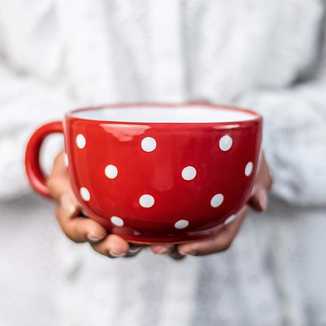 City to Cottage® Red and White | Polka Dot Spotty | Designer Handmade Hand Painted | Unique Ceramic Extra Large 17.5oz/500ml | Cappuccino Coffee Tea Soup Mugs Cups with Handle | Gift