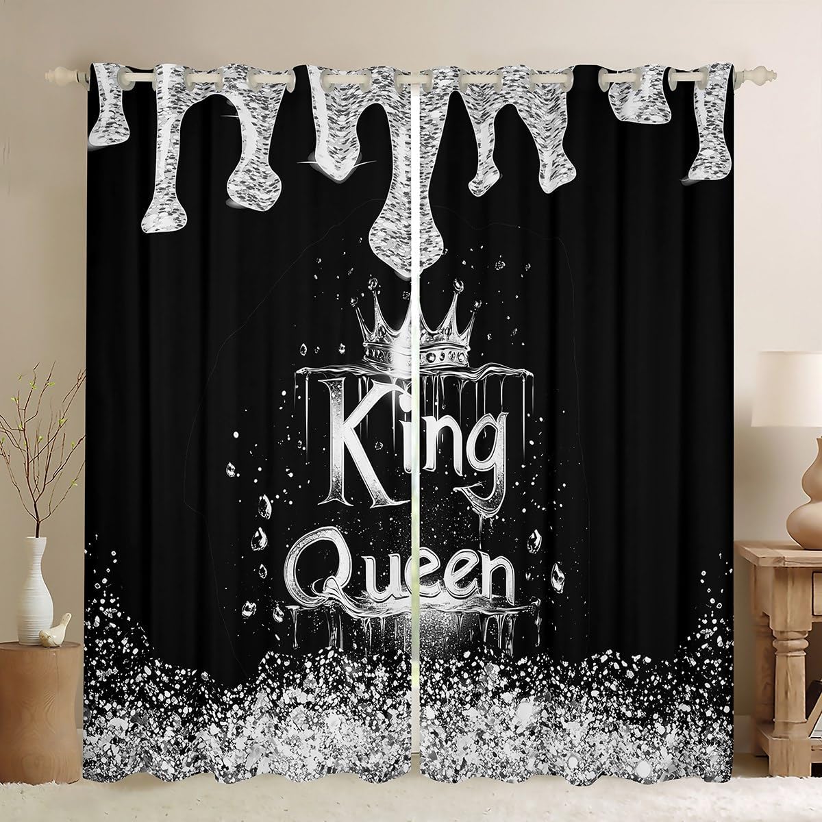 Castle Fairy King and Queen Window Curtains,Crown Print Sparkling Glitter Kitchen Window Treatments,Gray Black Blackout Window Drapes for Home Decor, 2 Panels, 42Wx63L inch