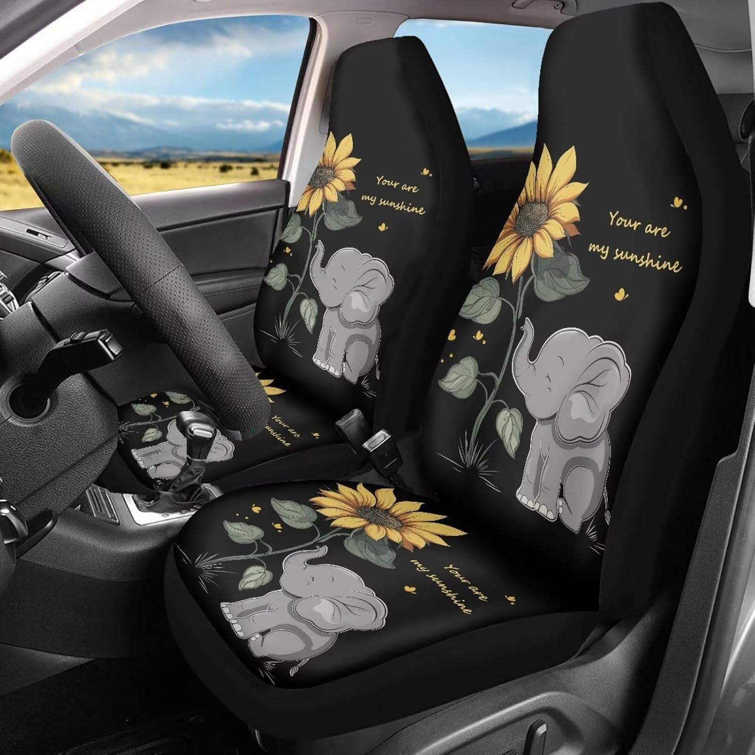 Showudesigns Sunflower Elephant Car Seat Covers for Women Automotive Interior Accessories Cute Front Seat Cover Case Nonslip for Men Gifts Universal Fit for Most Cars Black