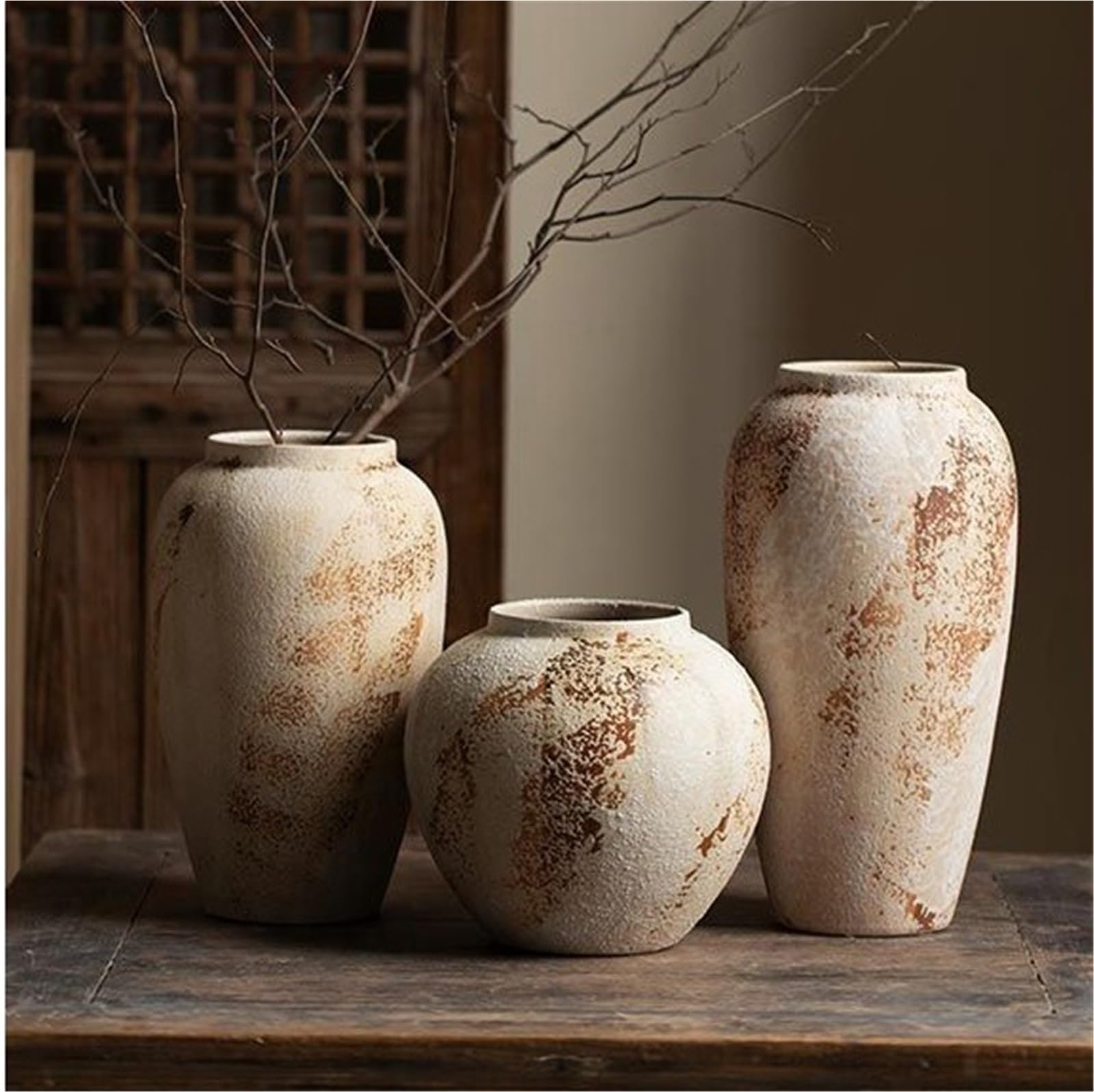 Rustikale Blumenvase aus Keramik im Bauernhausstil, Moderne Boho-Dekoration für Wohnzimmer, Schlafzimmer, Wabi-Sabi-Stil