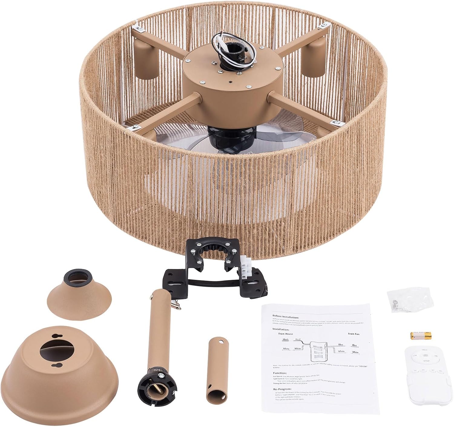 LOYALHEARTDY Boho Ceiling Fan with Light and Remote 18" 6-Speed 1/2/4/8H Timer Caged Modern Downrod Mount Bladeless Ceiling Fan Kids Fan, Hemp Rope Fringe Tassel Lampshade