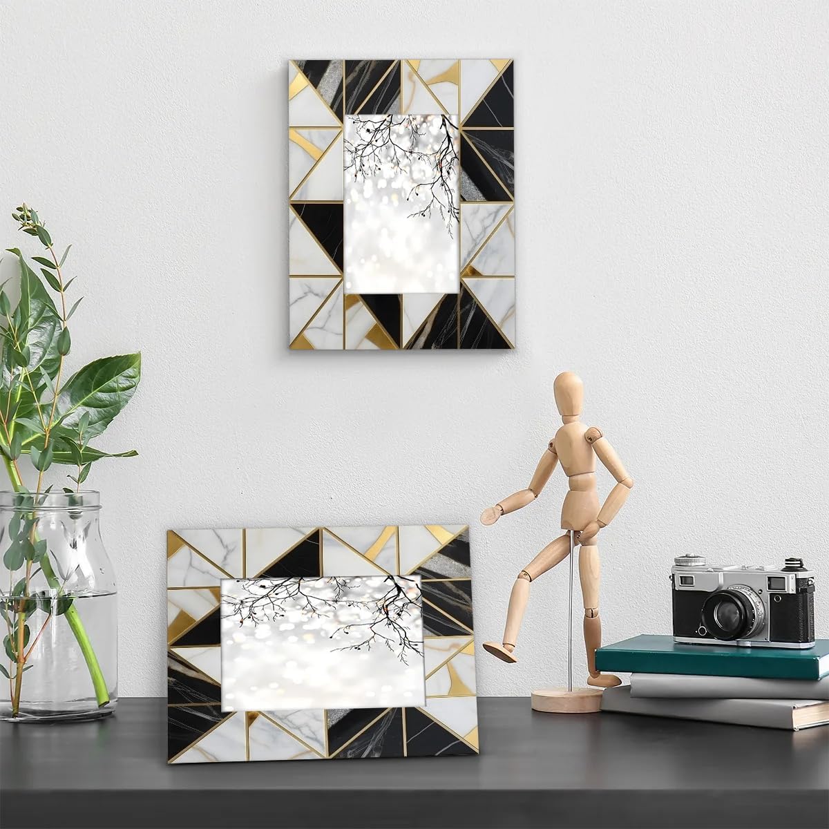 5x7 Picture Frame Black Gold Marble Geometric Photo Frames for Wall Mounting or Tabletop Display Acrylic Frame for Memorial Gifts Photo Gallery Art Home Decor