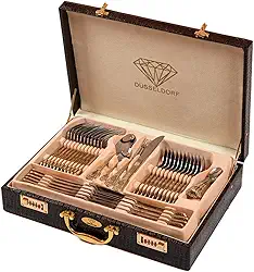 Faqueiro de Aço Inox Dourado, Faqueiro 84 Peças, Design Alemão, Banhado a Ouro 24K, com Maleta Exclusiva de Couro, Kit Completo de Talheres para Jantar e Grandes Recepções