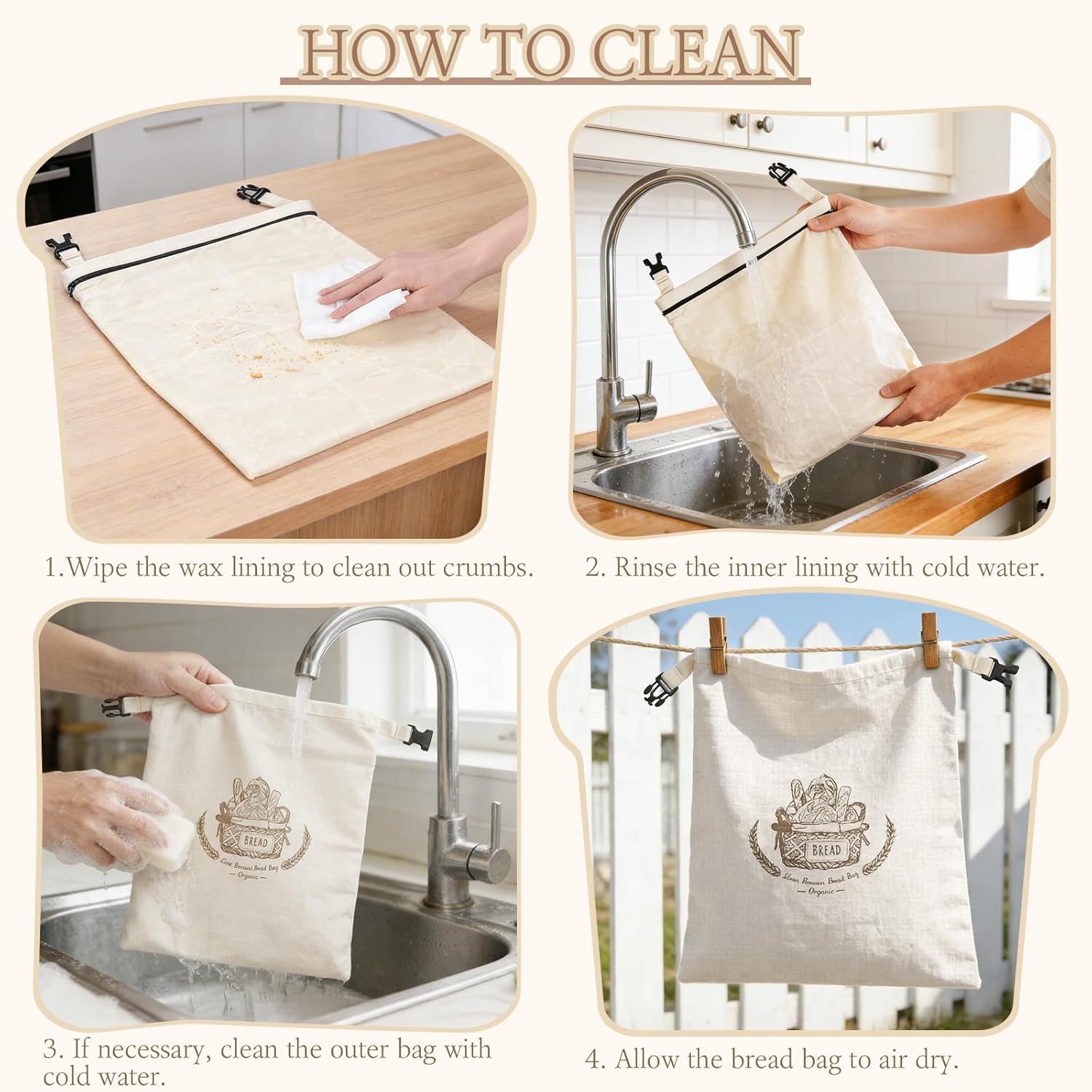 VIS'V Beeswax Bread Bags, Reusable Large Linen Cotton Sourdough Bags with Sealing Zip for Homemade Breads, 2 Pcs