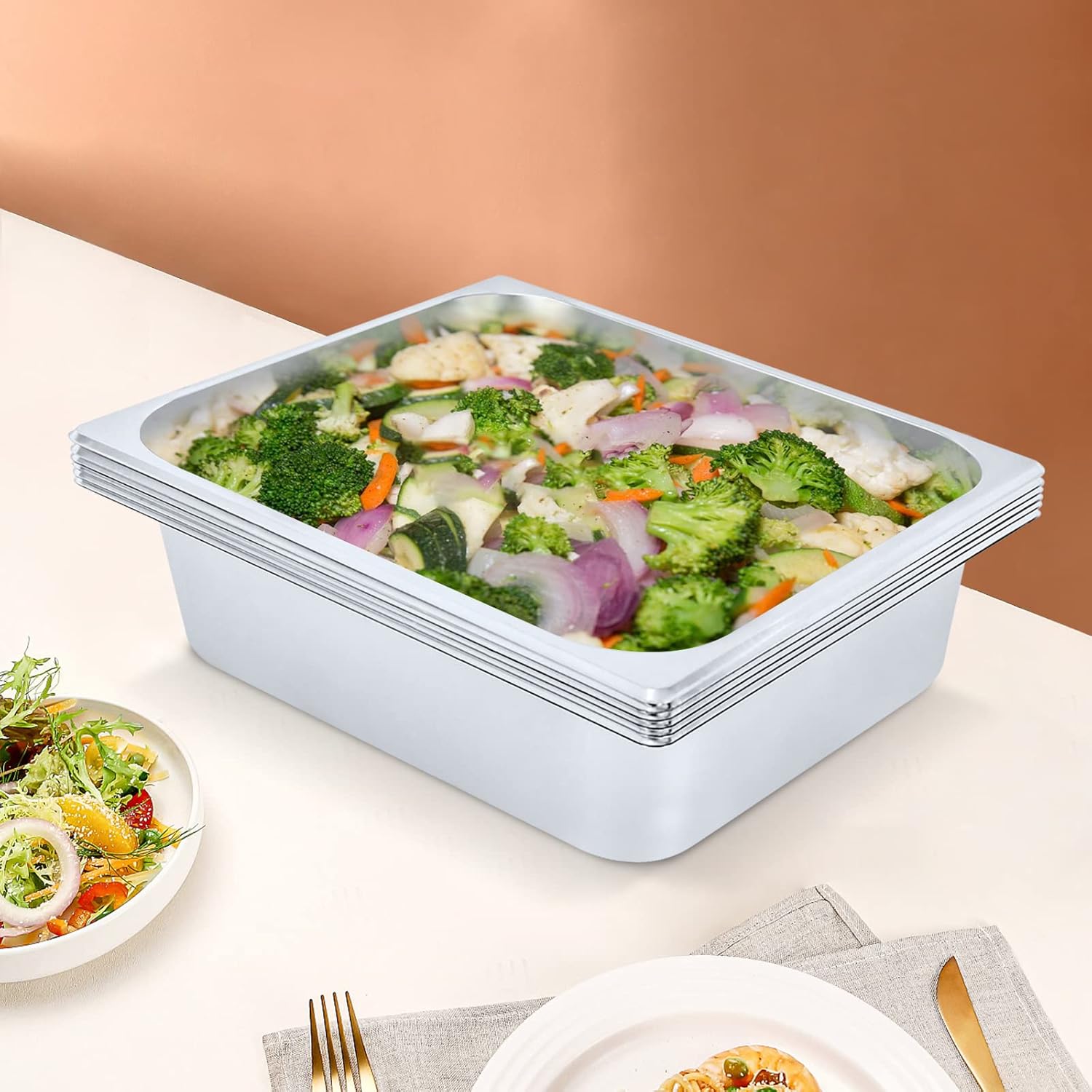 Xuthusman 6 Pack 4" Deep 2/3 Size 201 Stainless Steel Steam Table Pans Hotel Food Buffet Prep Pan Silver Durable(6 Pack 4" Deep 2/3 Size)