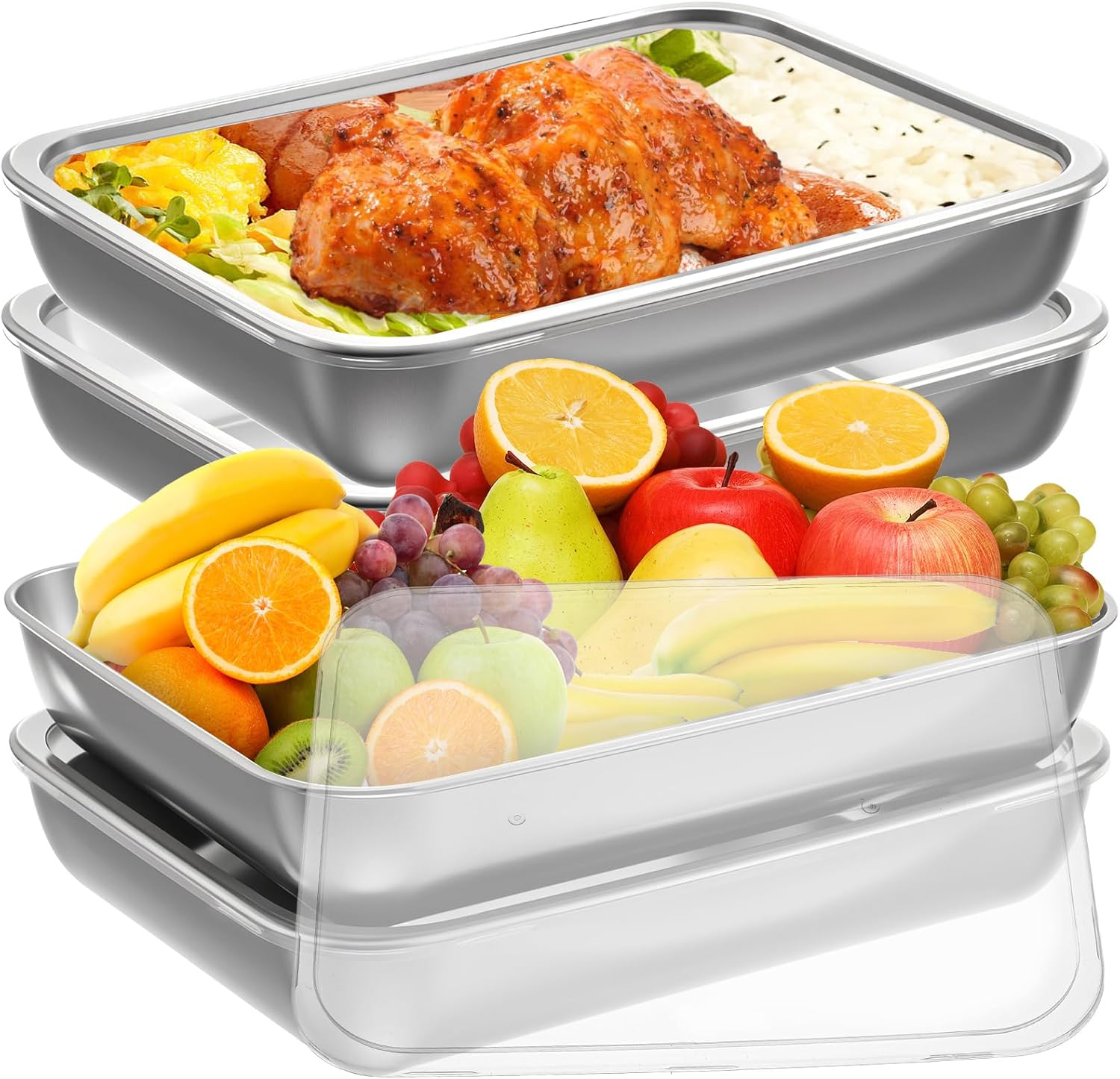 4 pcs stainless steel food storage containers with lids, stackable meal prep food containers reusable hotel pans for restaurant kitchen freezer buffet
