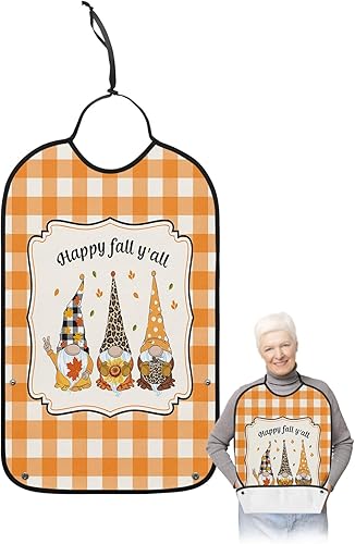 QueenKer Funny Adult Bibs for Eating, Happy Fall Y'All Gnome Orange Plaid Waterproof Clothing Protector Washable Adult Bib with Crumb Catcher for