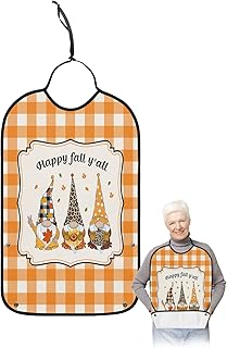 BOBOWUNY Thanksgiving Gnomes Adult Bibs for Elder Women Men Eating, Orange Plaid Pumpkin Leaves Waterproof & Washable Bibs for Eating Clothing Protector Dining Bibs for Crumb Catcher