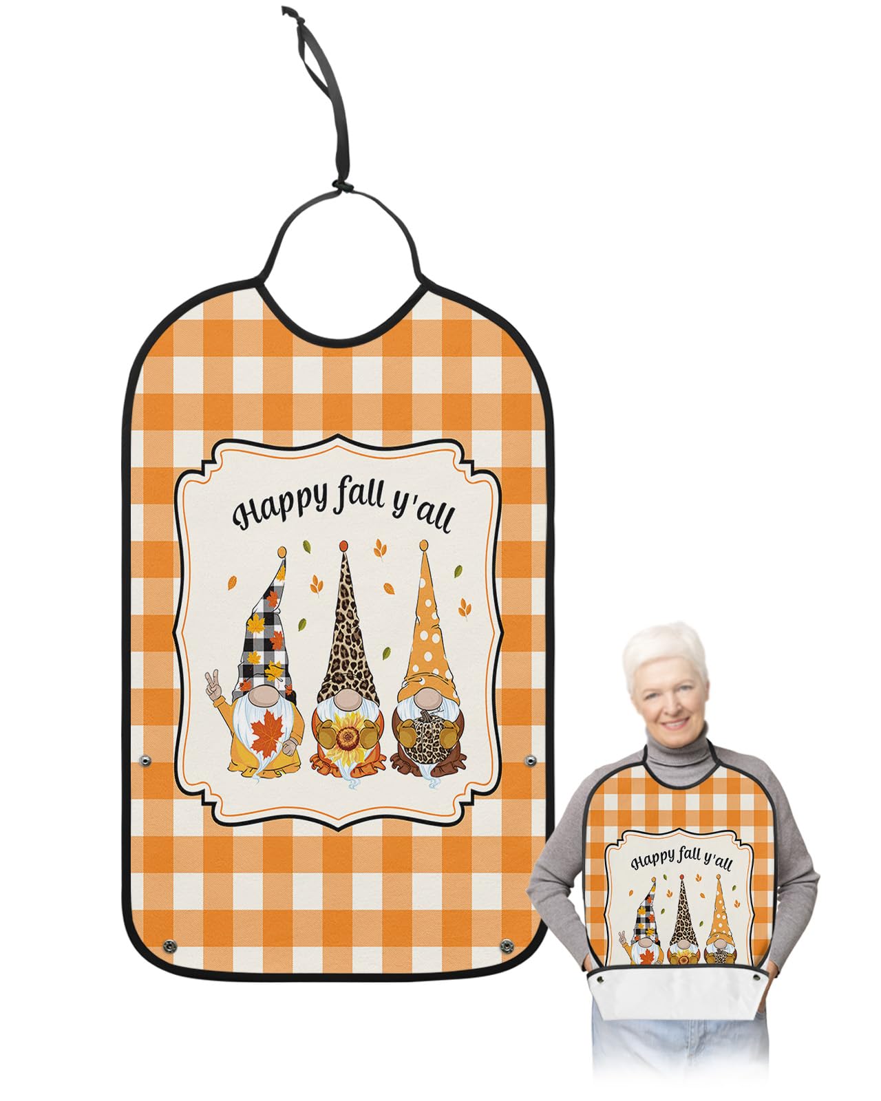 Thanksgiving Gnomes Adult Bibs for Eating, Waterproof Bibs with Food Catcher & Adjustable Snap Closure, Orange Plaid Pumpkin Leaves Washable Clothing Protectors Adult Bibs for Elderly Women/Men