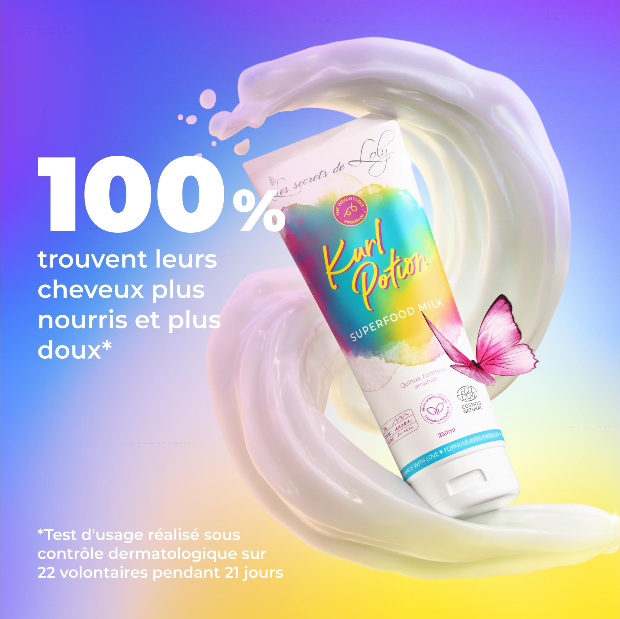 Les Secrets de Loly – Kurl Potion – Leave-in/lait sans rinçage Définition & nutrition – Cheveux ondulés, bouclés et frisés – +98% d'origine naturelle – 250 ml
