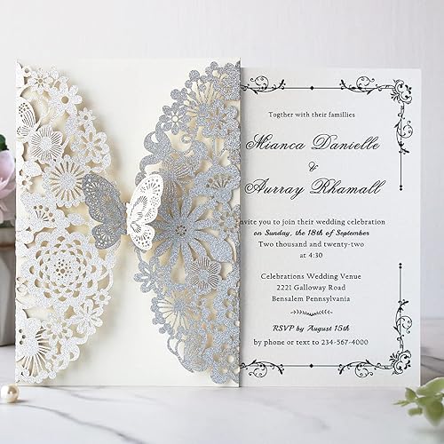 Miniatura 2 de Hosmsua 5.12 x 7.3 50 tarjetas de invitación personalizadas de mariposa cortadas con láser de mariposa de encaje hueco para invitaciones de boda de