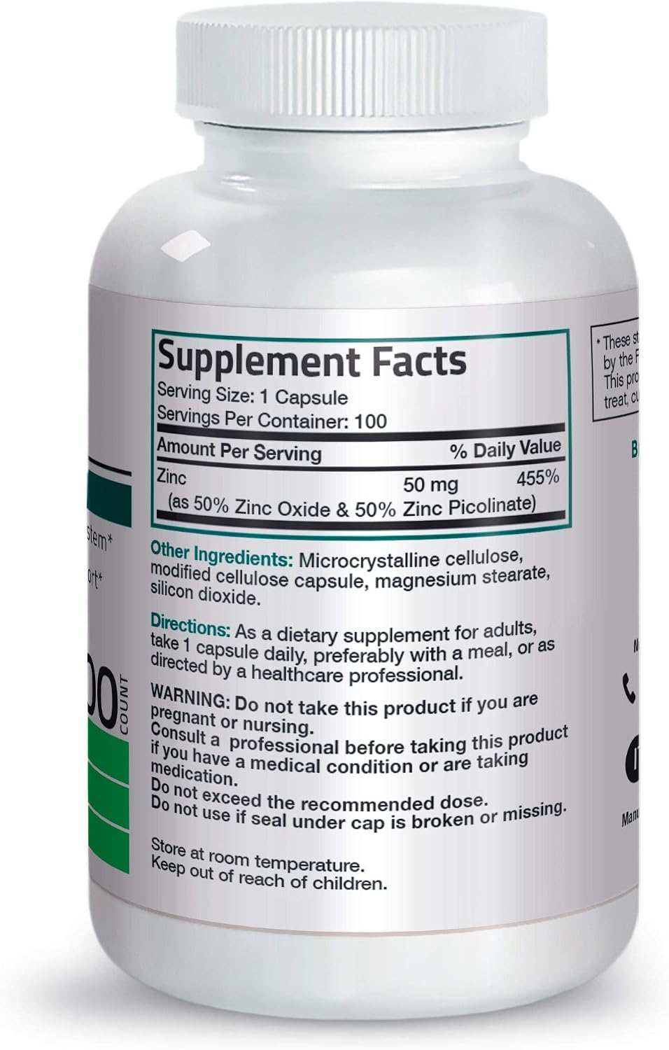 Bronson Zinc 50mg Complex (Zinc Oxide 50% & Zinc Picolinate 50%) High Potency Immune Support Supplement & Antioxidant and Skin Health - Non GMO, 100 Vegetarian Capsules