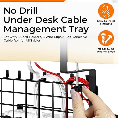 Miniatura 5 de Homeify Bandeja de organización de cables para debajo del escritorio, ajustable, bien ventilada, sin taladro, juego de organizador de escritorio con