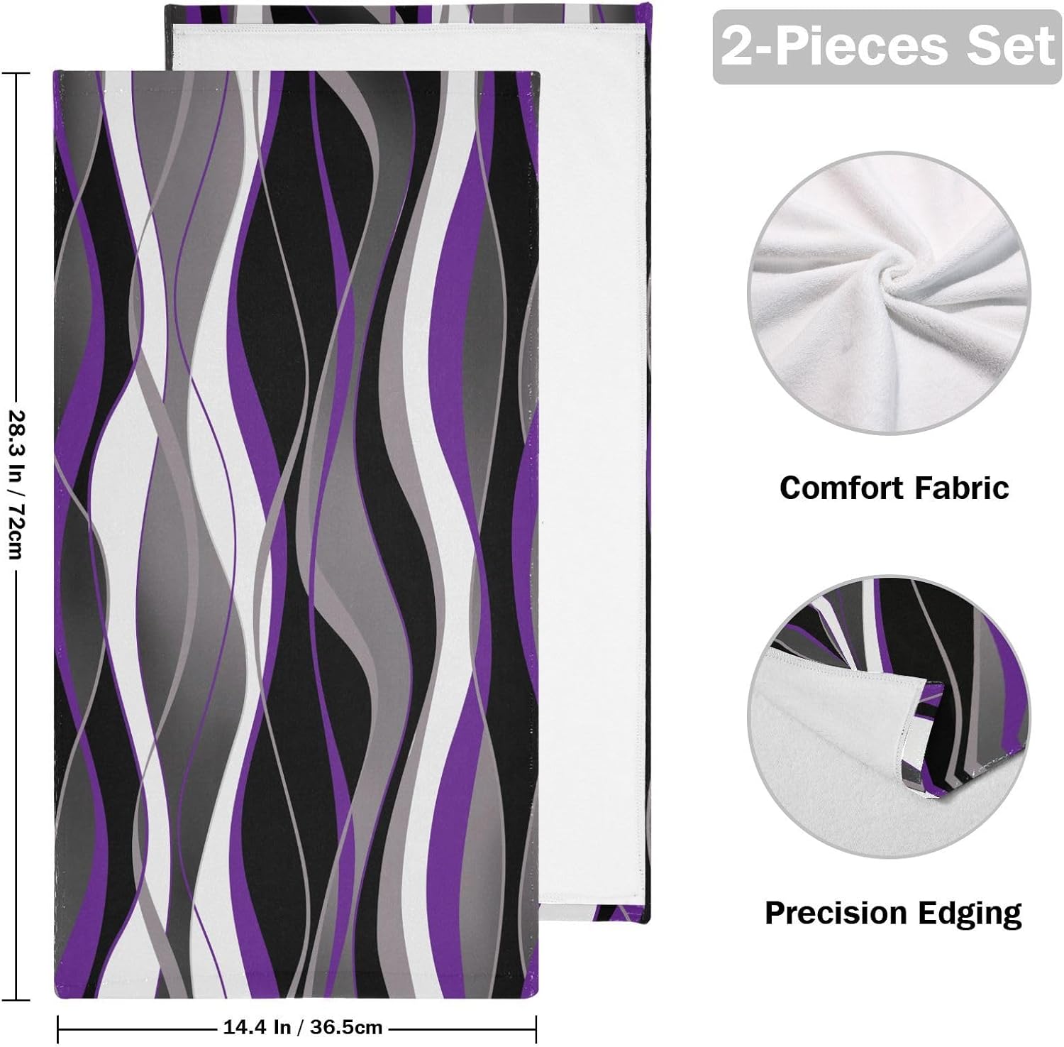 Purple Gray Hand Towels for Bathroom Set of 2,Absorbent Microfiber Black White Grey Striped Modern Abstract Kitchen Towels 14"x28",Decorative Bathroom Towels for Bath,Face,Guest,Hair,Shower - Image 2